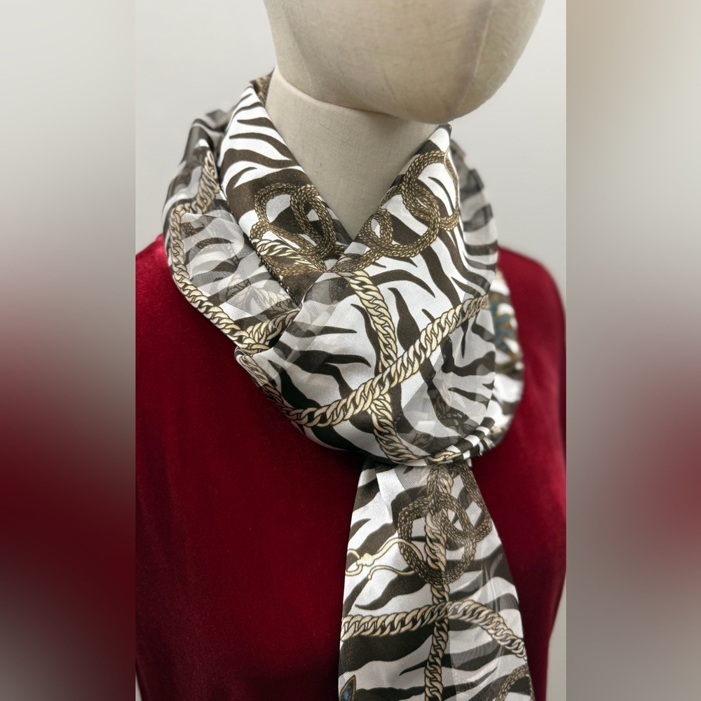 Zebra Print Chain Scarf Gold Rope Pattern Lightweight Sheer Polyester - Picture 2 of 7